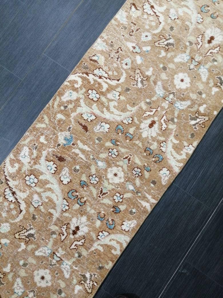 Tan Turkish Runner Rug 1' 11" x 10' 10" Hand-Knotted texture