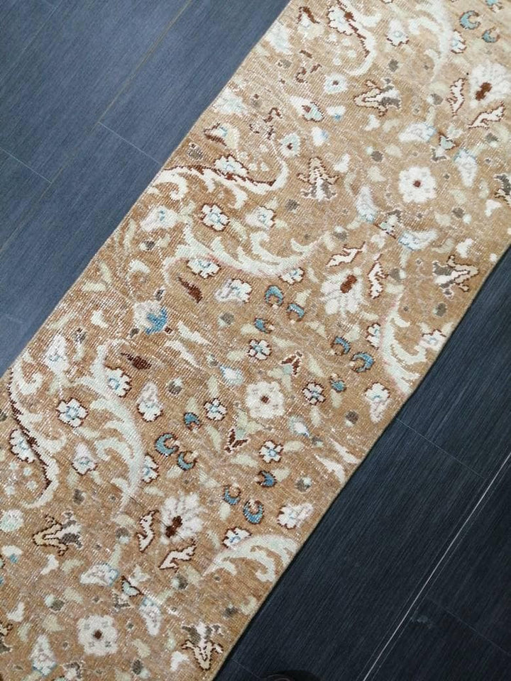 Tan Turkish Runner Rug 1' 11" x 10' 10" Hand-Knotted texture
