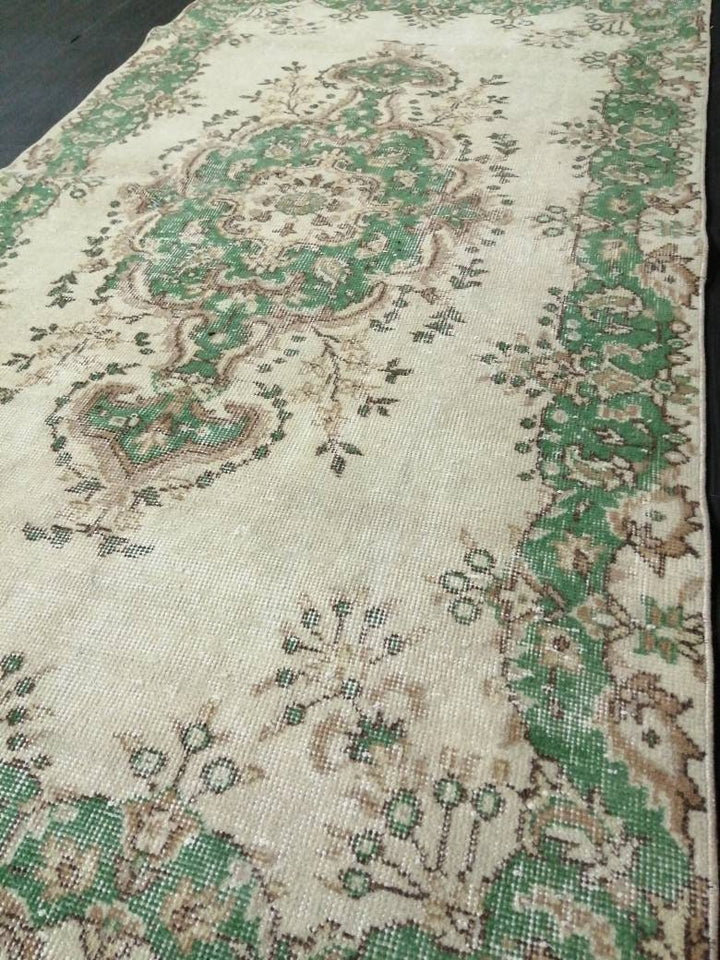 Green Turkish Runner Rug 3' 8" x 6' 10" Hand-Knotted | No. WR74502