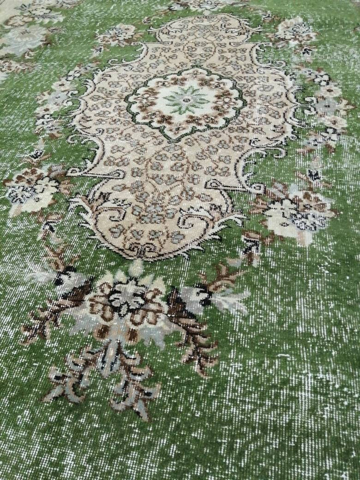 Green Turkish Runner Rug 7' x 10' Hand-Knotted | No. WR54333