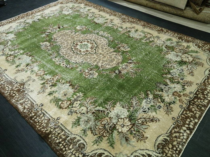 Green Turkish Runner Rug 7' x 10' Hand-Knotted | No. WR54333