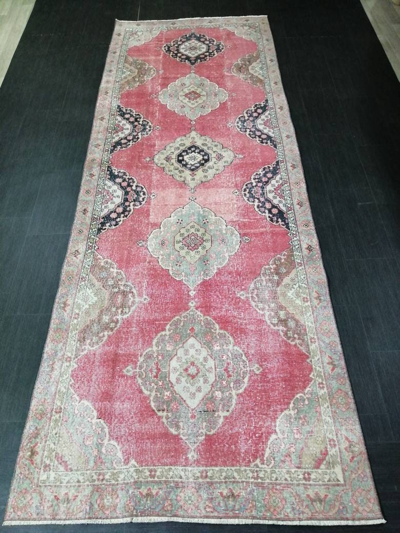Beige Turkish Runner Rug 4' 3" x 12' Hand-Knotted close-up