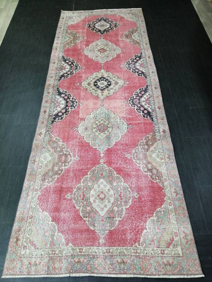 Beige Turkish Runner Rug 4' 3" x 12' Hand-Knotted close-up