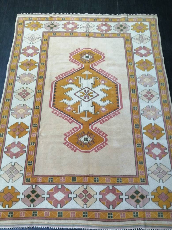 Beige Turkish Runner Rug 6' 6" x 8' 10" Hand-Knotted close-up