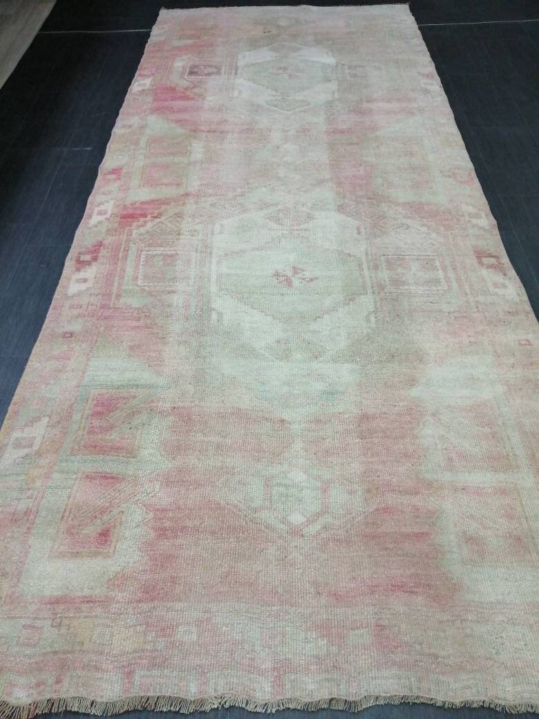 Pink Turkish Runner Rug 4' 9" x 11' 5" Hand-Knotted reverse