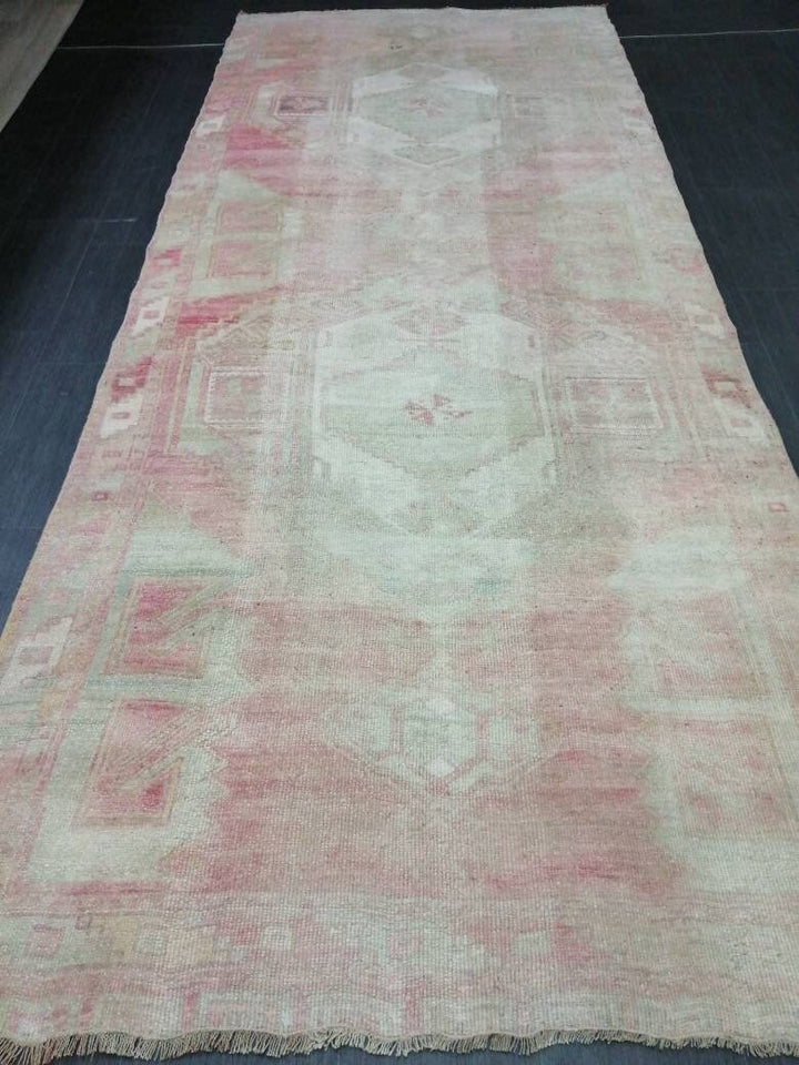 Pink Turkish Runner Rug 4' 9" x 11' 5" Hand-Knotted reverse
