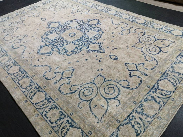 Blue Turkish Oushak Rug 6' 8" x 9' 11" Hand-Knotted