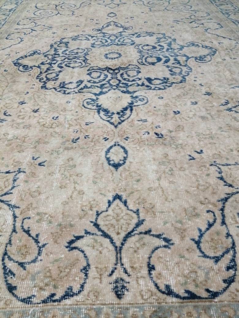 Blue Turkish Oushak Rug 6' 8" x 9' 11" Hand-Knotted close-up