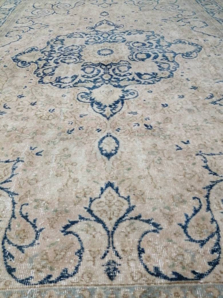 Blue Turkish Oushak Rug 6' 8" x 9' 11" Hand-Knotted close-up
