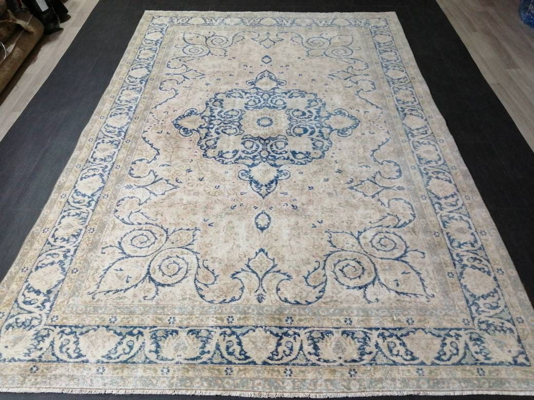 Blue Turkish Oushak Rug 6' 8" x 9' 11" Hand-Knotted reverse