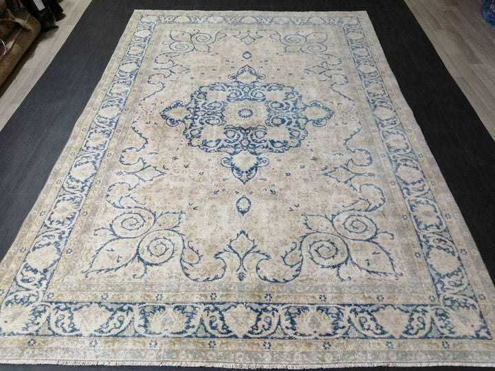 Blue Turkish Oushak Rug 6' 8" x 9' 11" Hand-Knotted reverse