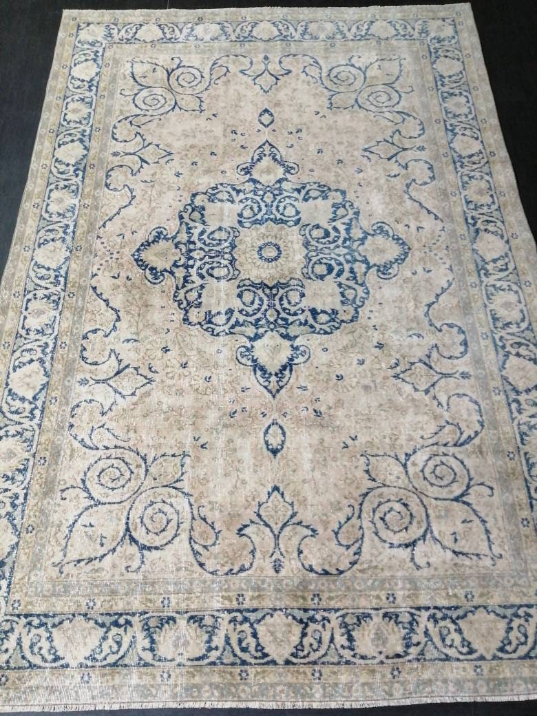 Blue Turkish Oushak Rug 6' 8" x 9' 11" Hand-Knotted texture