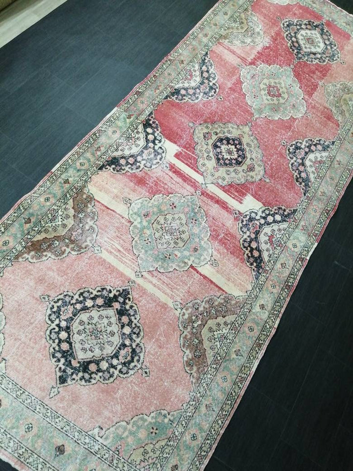 Pink Turkish Runner Rug 4' 9" x 12' 5" Hand-Knotted texture