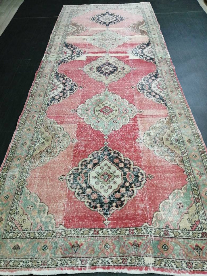 Pink Turkish Runner Rug 4' 9" x 12' 5" Hand-Knotted close-up