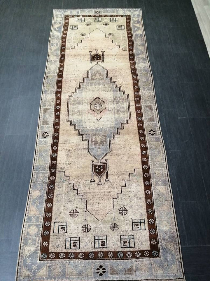 Beige Turkish Runner Rug 4' 2" x 11' 2" Hand-Knotted border