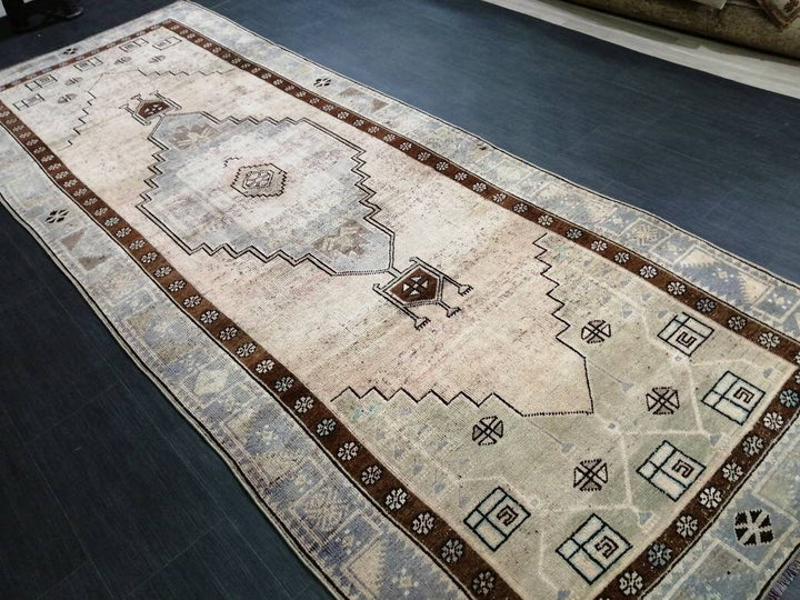 Beige Turkish Runner Rug 4' 2" x 11' 2" Hand-Knotted field