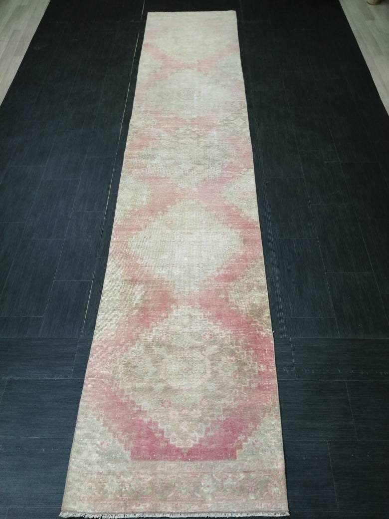 Beige Turkish Distressed Runner Rug 2' 9" x 13' 8" Hand-Knotted | No. WR96983