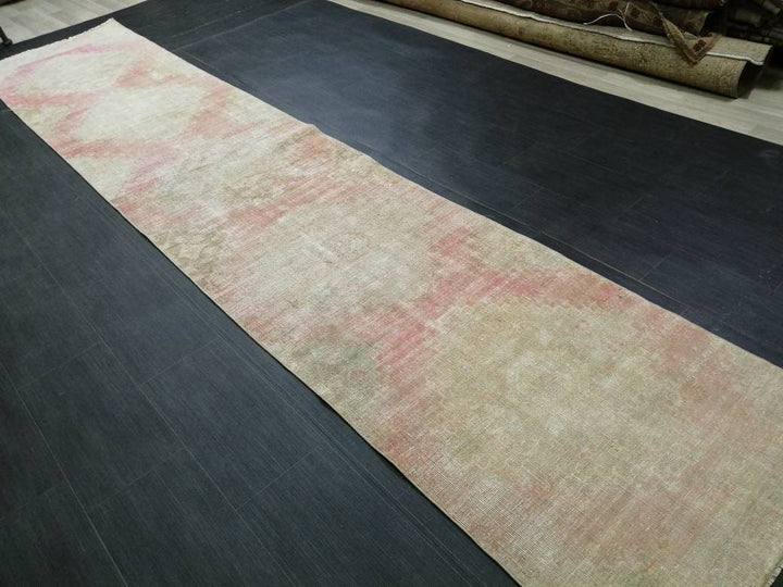 Beige Turkish Distressed Runner Rug 2' 9" x 13' 8" Hand-Knotted | No. WR96983