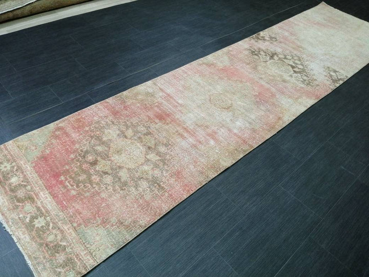 Beige Turkish Distressed Runner Rug 2' 9" x 11' 3" Hand-Knotted | No. WR73587