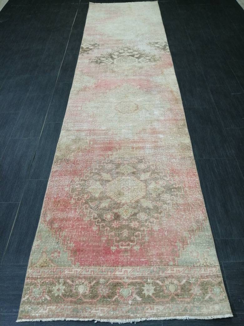 Beige Turkish Distressed Runner Rug 2' 9" x 11' 3" Hand-Knotted | No. WR73587