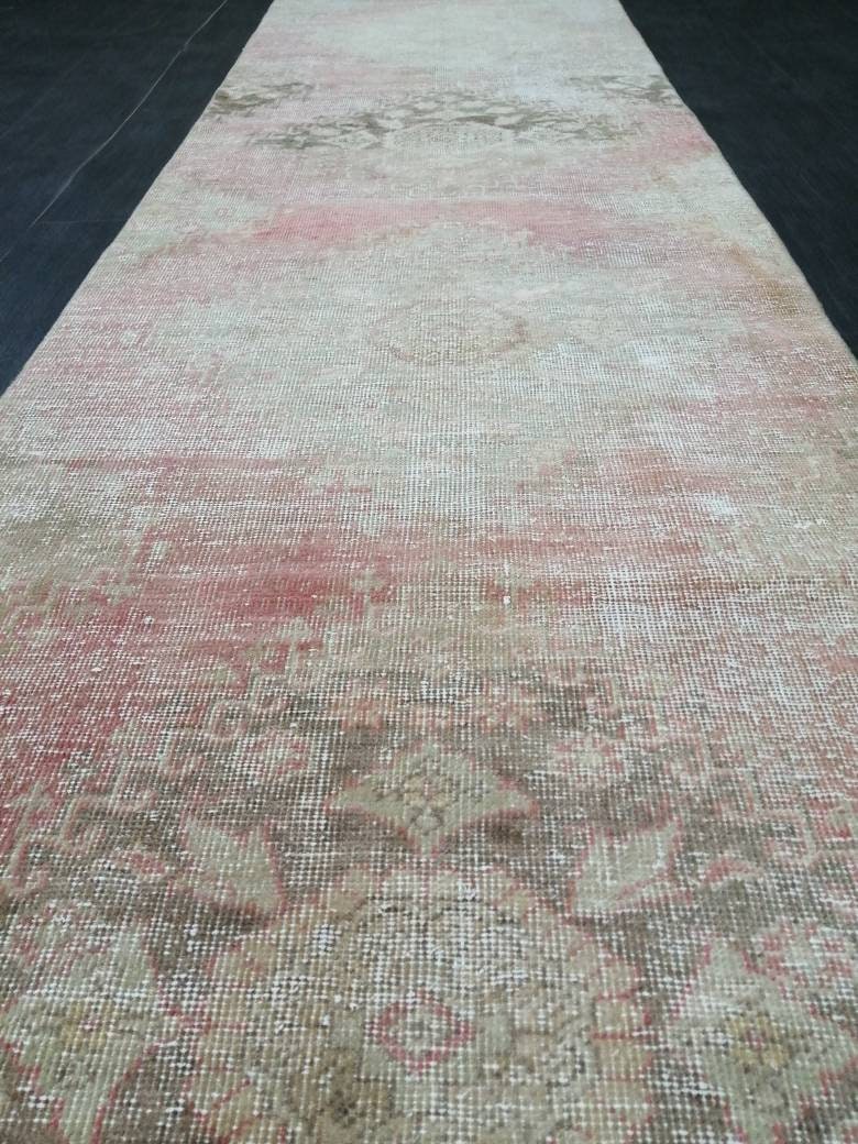 Beige Turkish Distressed Runner Rug 2' 9" x 11' 3" Hand-Knotted | No. WR73587