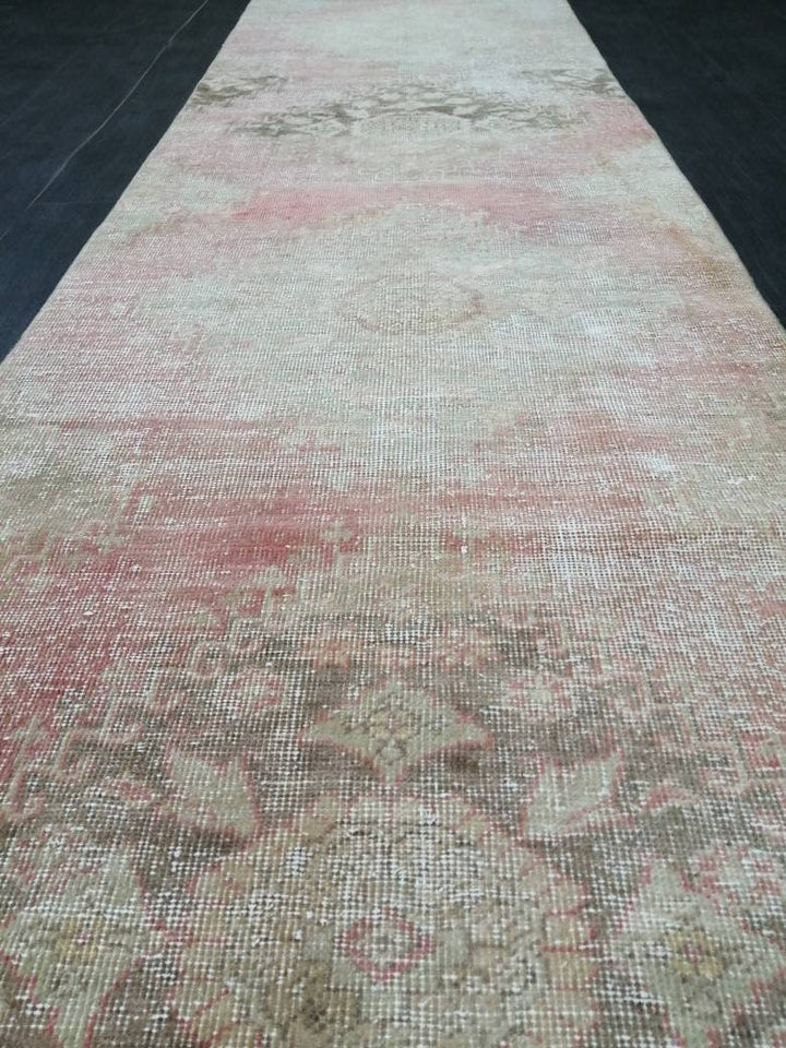 Beige Turkish Distressed Runner Rug 2' 9" x 11' 3" Hand-Knotted | No. WR73587
