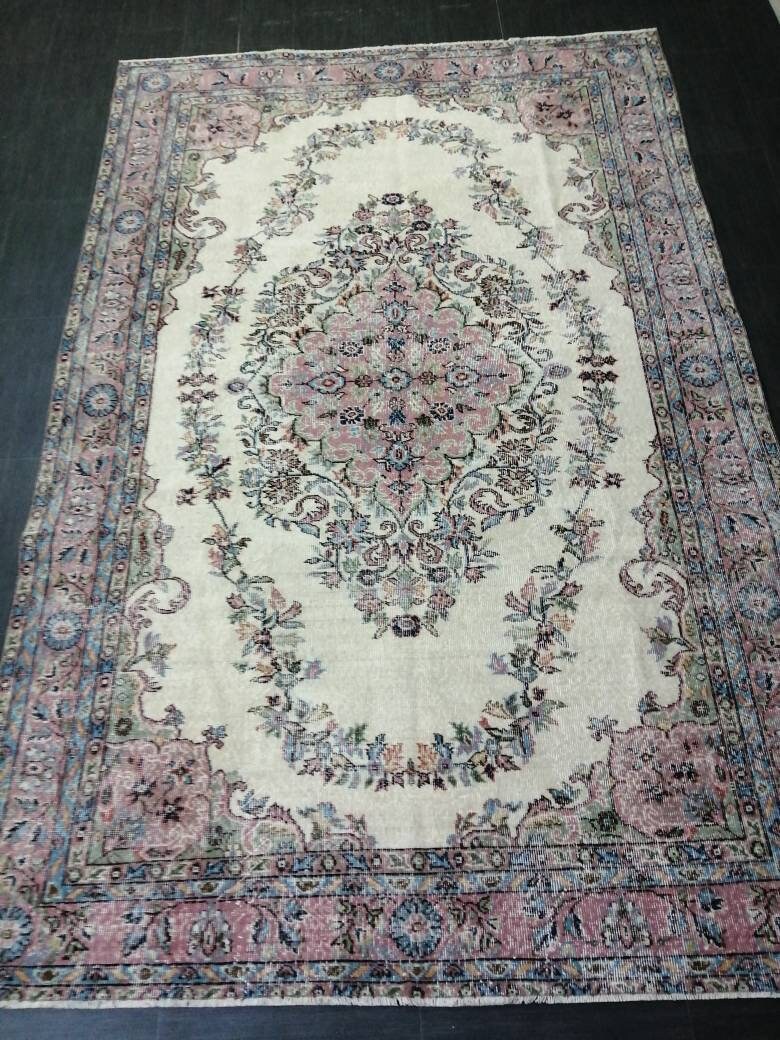 Pink Turkish Oushak Rug 6' 3" x 8' 9" Hand-Knotted detail