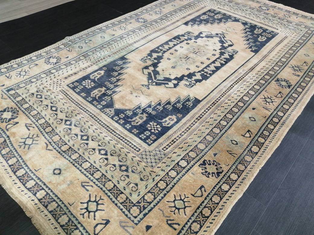 Navy Turkish Oushak Rug 5'6" x 9'4" Hand-Knotted