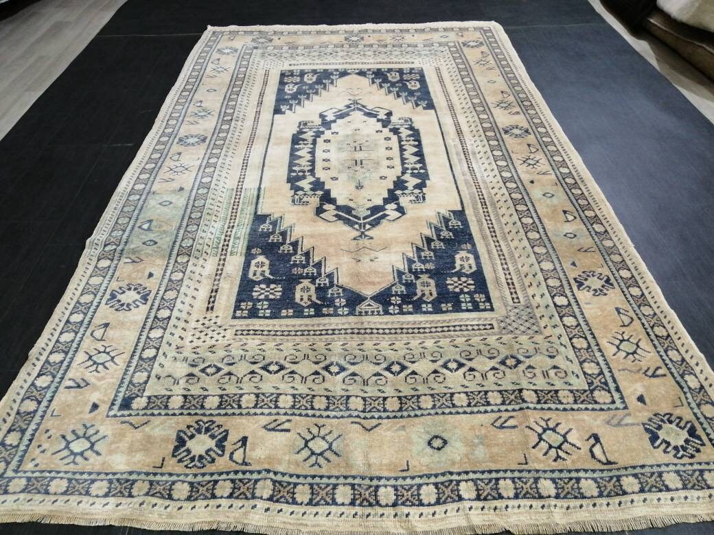 Navy Turkish Oushak Rug 5'6" x 9'4" Hand-Knotted field