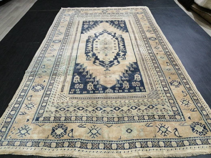 Navy Turkish Oushak Rug 5'6" x 9'4" Hand-Knotted field