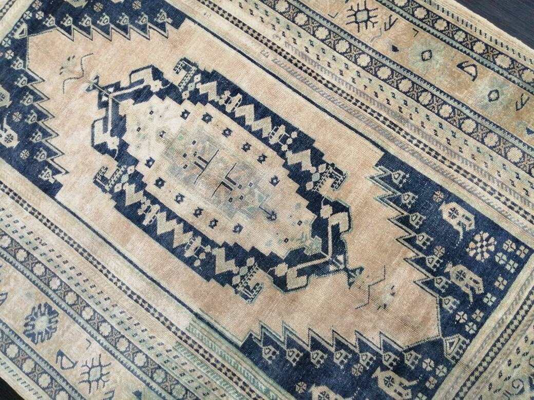 Navy Turkish Oushak Rug 5'6" x 9'4" Hand-Knotted pattern