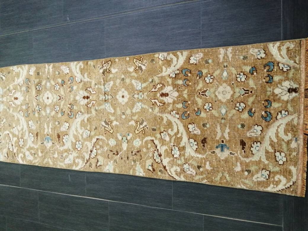 Tan Turkish Runner Rug 1' 11" x 10' 10" Hand-Knotted detail
