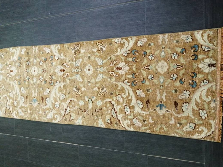 Tan Turkish Runner Rug 1' 11" x 10' 10" Hand-Knotted detail