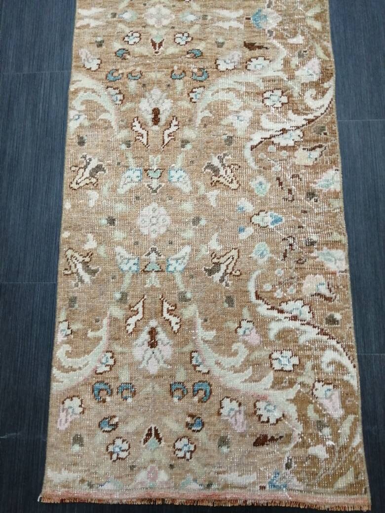 Tan Turkish Runner Rug 1' 11" x 10' 10" Hand-Knotted close-up