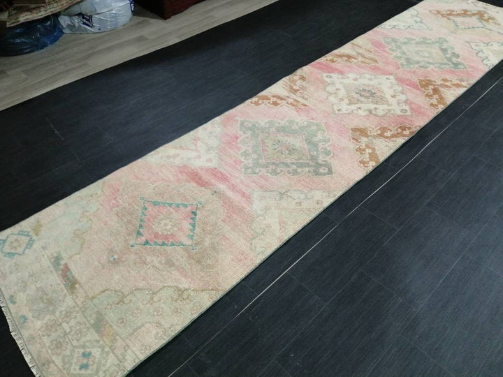 Beige Turkish Runner Rug 2' 11" x 13' 3" Hand-Knotted close-up