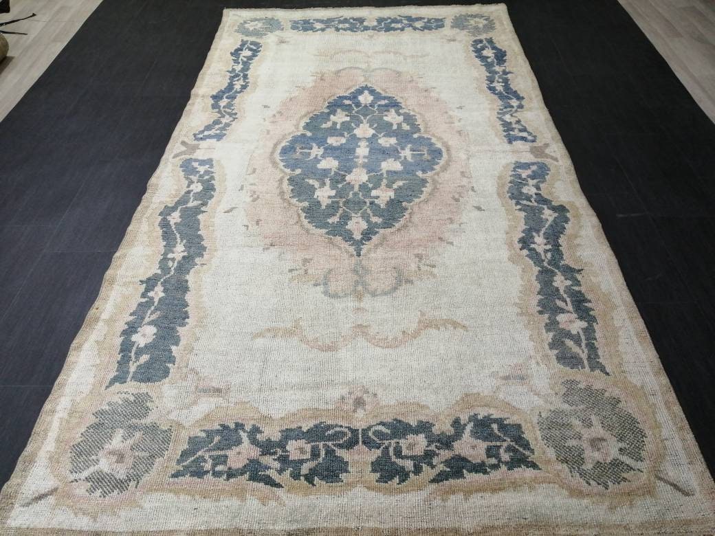 Blue Turkish Runner Rug 4' 11" x 9' 3" Hand-Knotted | No. WR65022