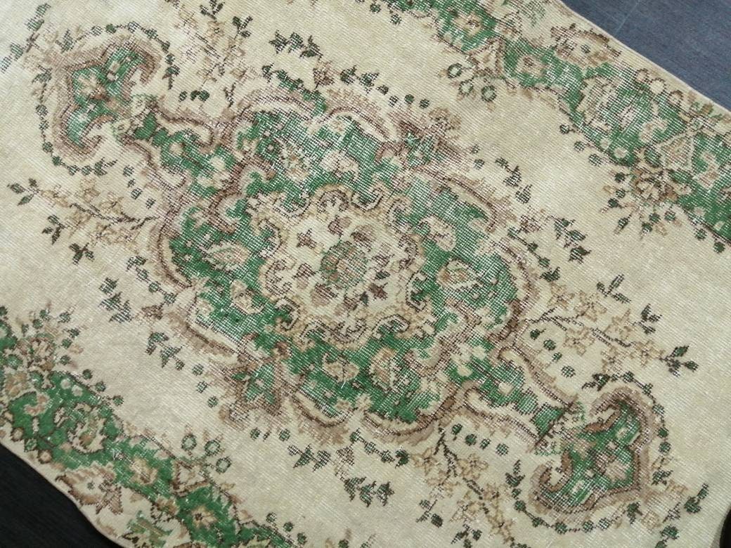 Green Turkish Runner Rug 3' 8" x 6' 10" Hand-Knotted | No. WR74502