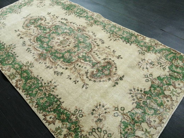 Green Turkish Runner Rug 3' 8" x 6' 10" Hand-Knotted | No. WR74502