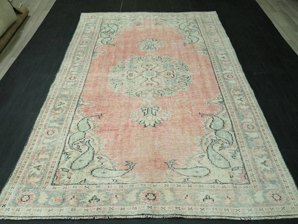 Pink Turkish Runner Rug 5' 10" x 8' 8" Hand-Knotted detail