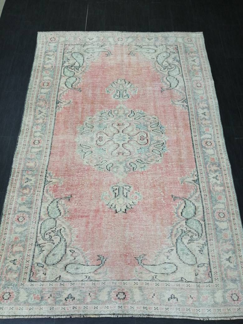 Pink Turkish Runner Rug 5' 10" x 8' 8" Hand-Knotted border