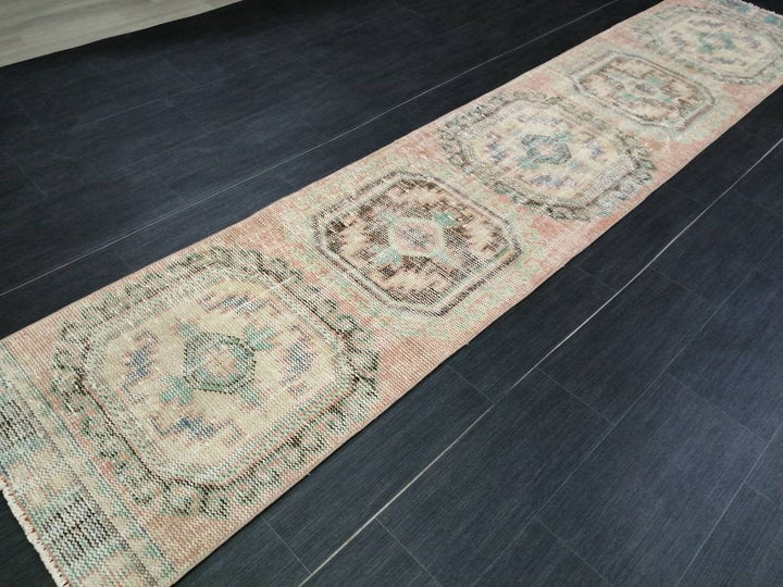 Beige Turkish Runner Rug 2' 2" x 10' 11" Hand-Knotted border