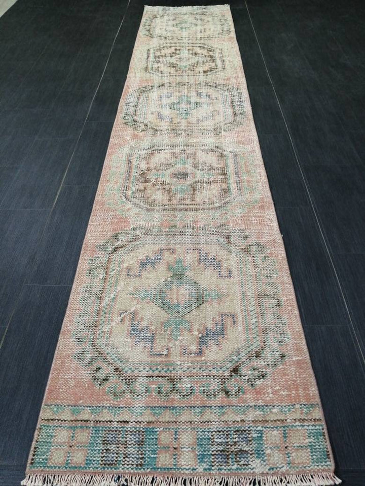 Beige Turkish Runner Rug 2' 2" x 10' 11" Hand-Knotted field
