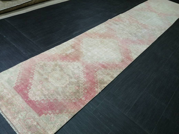 Beige Turkish Distressed Runner Rug 2' 9" x 13' 8" Hand-Knotted | No. WR96983