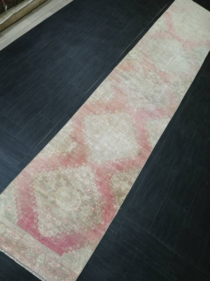 Beige Turkish Distressed Runner Rug 2' 9" x 13' 8" Hand-Knotted | No. WR96983