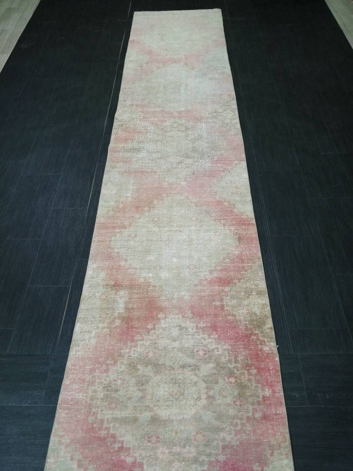 Beige Turkish Distressed Runner Rug 2' 9" x 13' 8" Hand-Knotted | No. WR96983