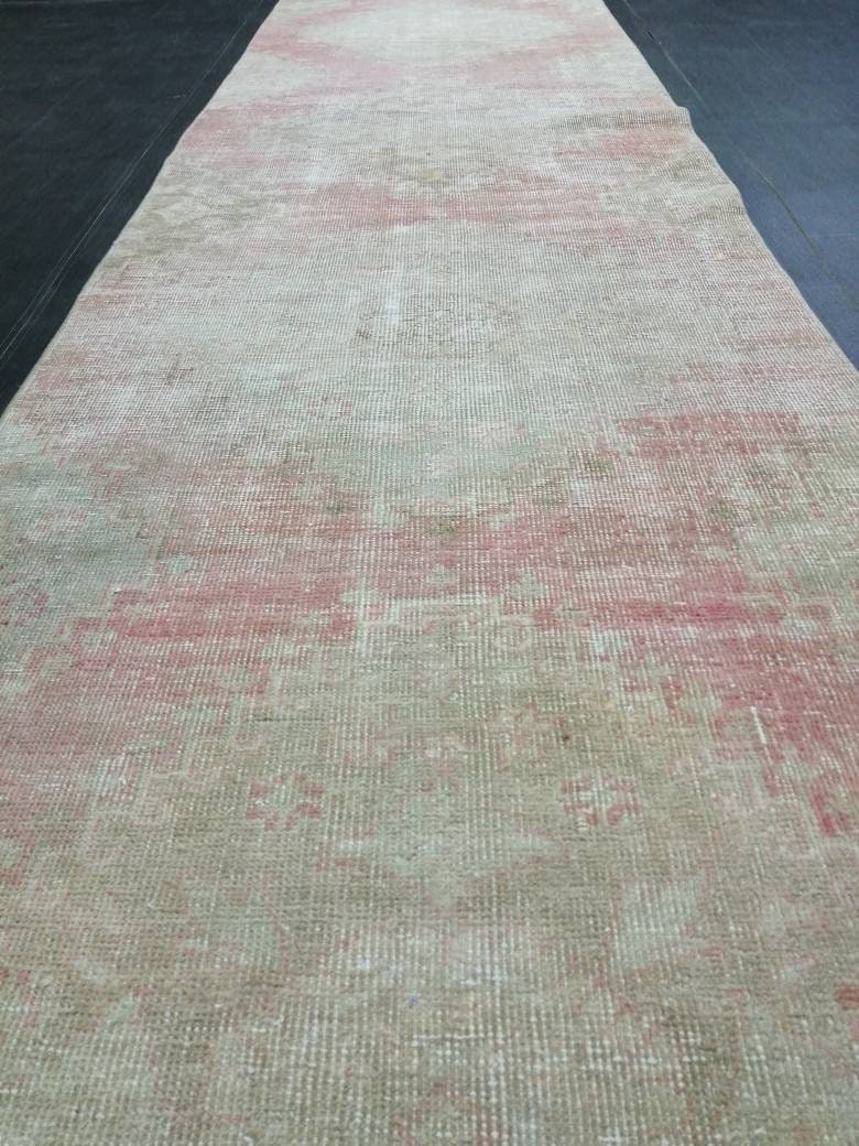 Beige Turkish Distressed Runner Rug 2' 9" x 13' 8" Hand-Knotted | No. WR96983