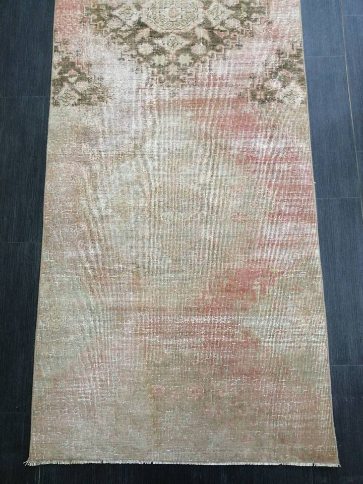 Beige Turkish Distressed Runner Rug 2' 9" x 11' 3" Hand-Knotted | No. WR73587