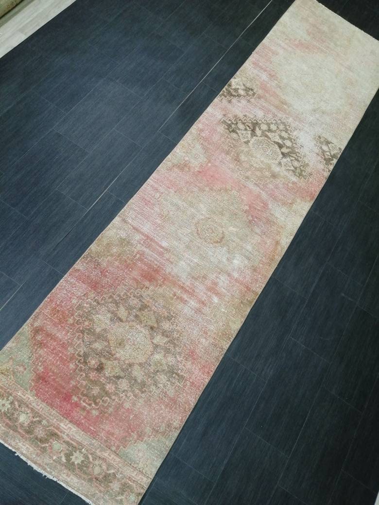 Beige Turkish Distressed Runner Rug 2' 9" x 11' 3" Hand-Knotted | No. WR73587