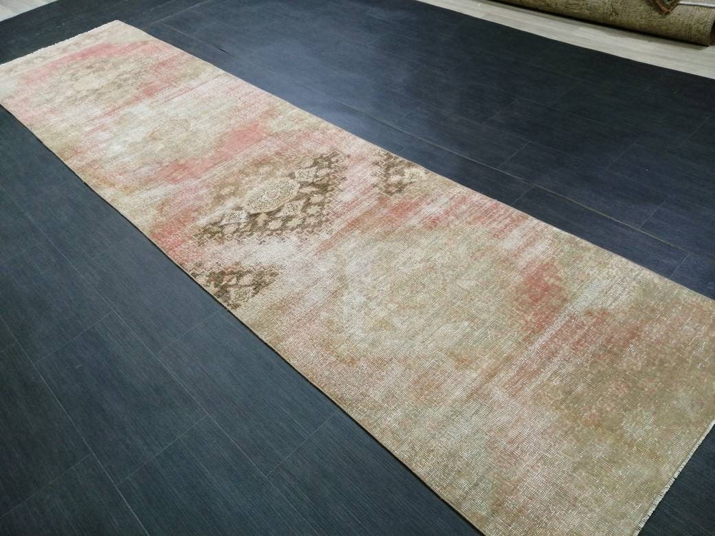 Beige Turkish Distressed Runner Rug 2' 9" x 11' 3" Hand-Knotted | No. WR73587