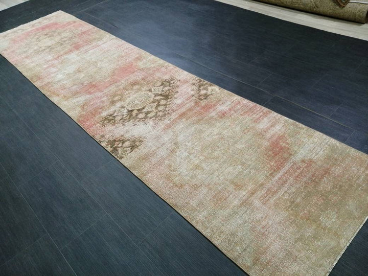 Beige Turkish Distressed Runner Rug 2' 9" x 11' 3" Hand-Knotted | No. WR73587